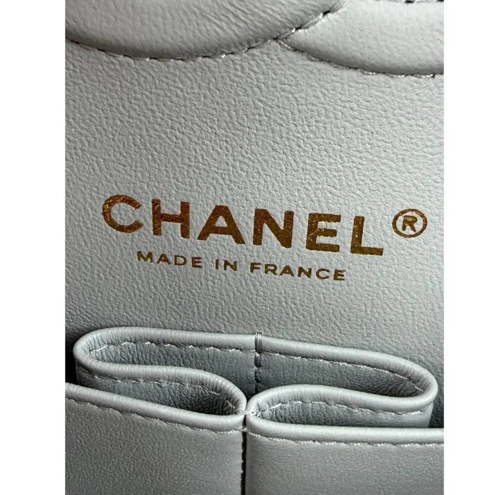 Chanel Lambskin Quilted Classic Double Flap Shoulder Bag Gray Gold Women's